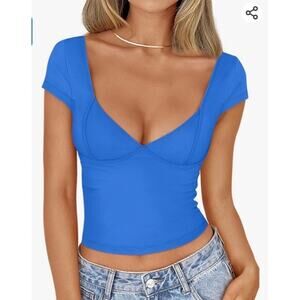 Blue Trendy Queen Deep V-Neck Short Sleeve Slim Fit T-shirt